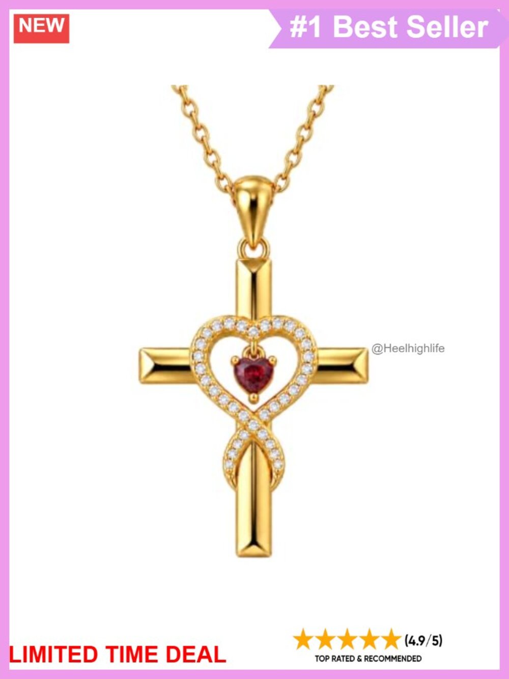14K Gold Plated Cross Heart Pendant Necklace Stainless Chain